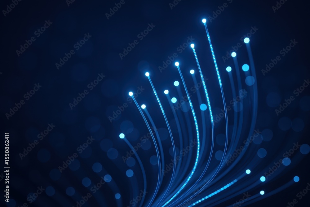 Poster glowing fiber optic cables transmitting data with blue light patterns flowing through advanced netwo