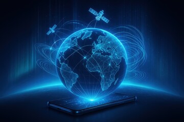 Global communication network visualization showing smartphone connecting to satellite constellation above Earth with holographic interface