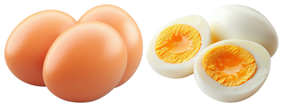 PNG Three brown eggs and two halved boiled eggs element set on transparent background.