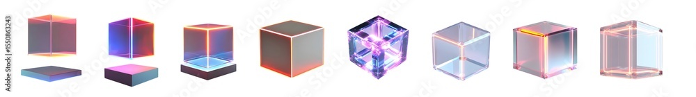 Poster multicolored glowing cubes arranged in a row. isolated on transparent background