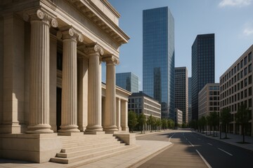 Fototapeta premium Neoclassical architecture featuring grand columns and marble facades integrated with modern urban infrastructure and contemporary city planning