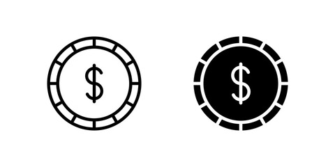 Dollar icon set showing currency symbol and coins for money-related applications and e-commerce