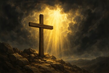 Sacred wooden cross positioned on Calvary hill with divine light breaking through storm clouds above Jerusalem