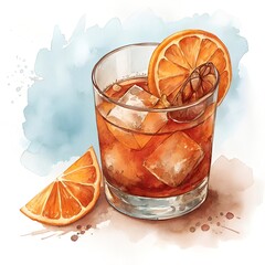 png old fashioned cocktail with ice cubes orange