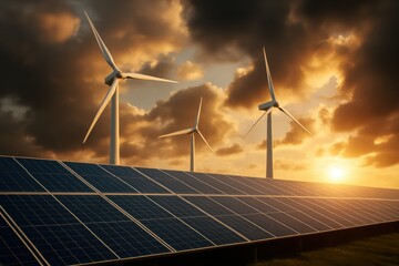 Sustainable energy landscape featuring modern wind turbines and solar installations working together to generate clean renewable electricity