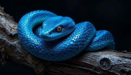 Fototapeta premium Magnificent Blue Viper Coiled on a Branch With Yellow Eyes Close Up