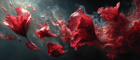 Abstract Red Petals Floating in a Dark Ethereal Space Scene