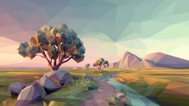 Low-poly landscape scene with a solitary tree.