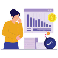 Economic Crisis Illustration. Vector illustration of A worried woman looks at charts while a debt bomb threatens financial stability. Isolated on background