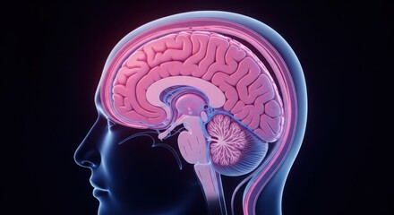 Detailed cross section of the human brain revealing its complex structures and neural network pathways