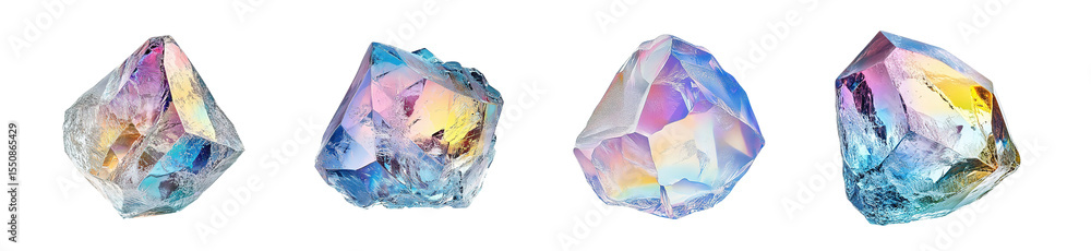 Poster set of iridescent gemstone specimens isolated on transparent background