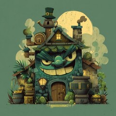 A whimsical, cartoon-style house with a mischievous expression.