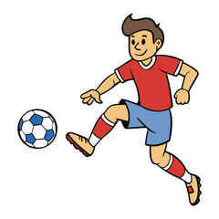 Obraz premium A cartoon soccer player in action, mid-kick with dynamic motion, sending the ball flying. Energetic pose, fun expression, and sporty outfit capture the excitement. 