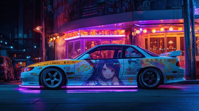 Itasha sports car wrapped with cute anime girl posing sticker, surrounded with neon lights night city