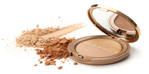 Bronzer and highlighter makeup powder palette for face contouring and highlighting on white...