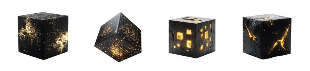 Obraz premium Dark cubes with glowing golden interior details. isolated on transparent background