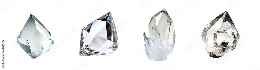 Poster clear quartz crystals of varying shapes and sizes. isolated on transparent background