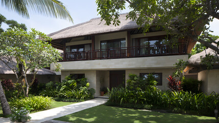 Naklejka premium Tropical villa surrounded by lush garden, a serene retreat blending nature and modern design