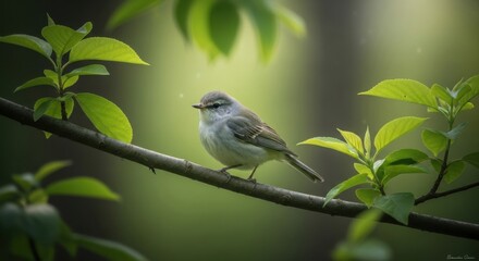 Obraz premium A tiny avian perched serenely on a leafy branch in the soft morning light surrounded by vibrant green foliage