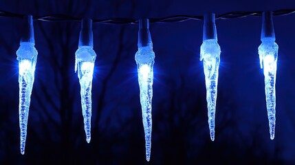 Blue icicle lights glow outdoors at night