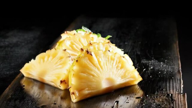 Closeup sliced pineapple segments on dark background
