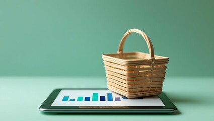 Consumer Spending Trends, a tiny grocery basket model sits atop a tablet displaying a blurred bar-chart UI, symbolizing digital shopping and data analysis in a modern setting.