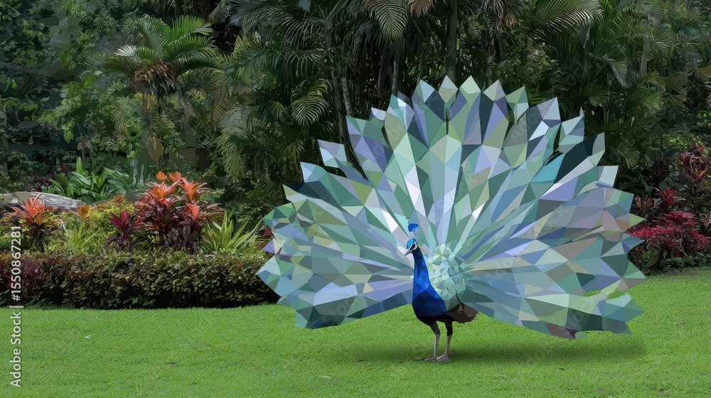 Poster peacock with geometrically patterned tail feathers in a garden setting.