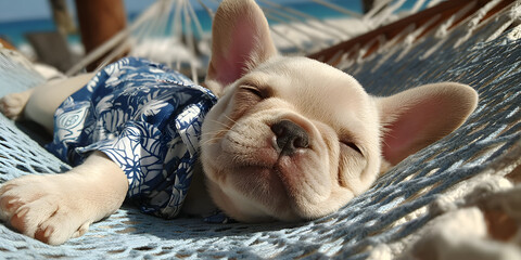 Restful Pup: This adorable French Bulldog enjoys a moment of blissful relaxation, lounging in a hammock with closed eyes, showcasing pure tranquility and a laid-back lifestyle.