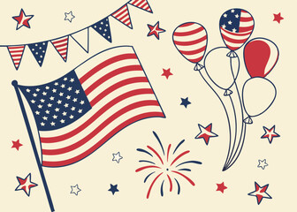 Obraz premium Patriotic Vector Art American Flag, Balloons, Fireworks & Bunting