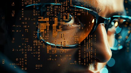 Close-up of a young Caucasian man with glasses, focused on digital data and technology. The background features abstract binary code and glowing elements. - Powered by Adobe