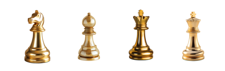 set of golden chess pieces displayed against a white background.