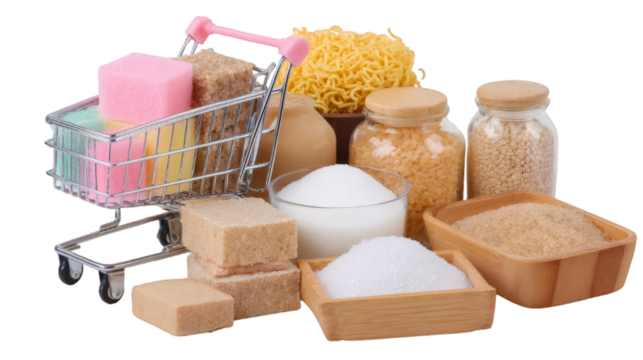 Shopping Cart with Sugar Cubes, Grains, and Pasta on White Background