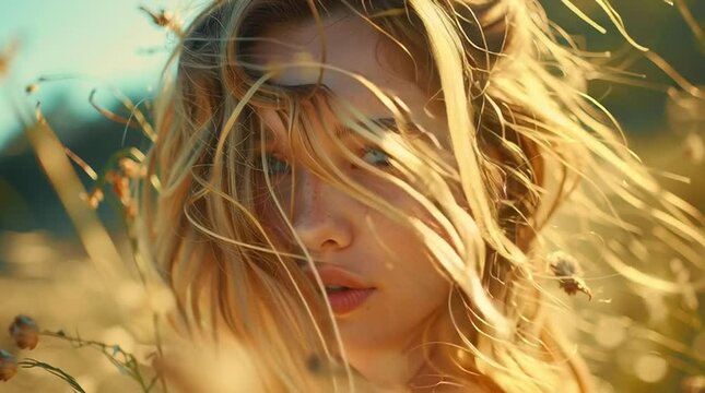 A young Caucasian woman with long blonde hair gazes at the camera. She is surrounded by tall grass and wildflowers in a sunlit field.