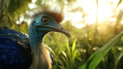 Obraz premium Cassowary portrait with sunset jungle.