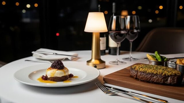 Elegant gourmet dining setup with steak dessert wine glasses and atmospheric lighting in a fine restaurant