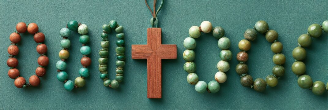 Orthodox Pentecost Monday Devotional Cross and Rosary Beads on Moody Green Matte Surface with Natural Light Spiritual Faith Tools for Seasonal Religious Marketing