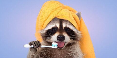 Raccoon Brushing Teeth: This cute raccoon with an orange towel on its head diligently brushes its teeth with toothpaste and a toothbrush, revealing a sense of freshness and hygiene.