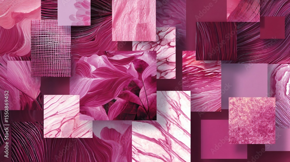 Poster abstract artwork with overlapping magenta organic and geometric shapes in a modern composition.