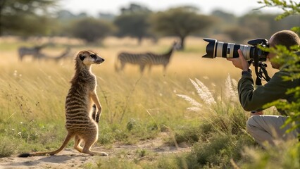 Meerkat standing on hind legs in a natural habitat, while a photographer captures the moment with a professional camera, showcasing wildlife photography in action