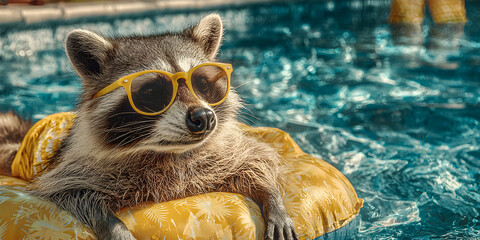 Chillin' Raccoon: A sun-kissed raccoon, sporting stylish sunglasses, lounges on a float in a refreshing pool.