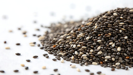 Chia seeds nutritional superfood healthy eating diet omega antioxidants fiber protein closeup macro...