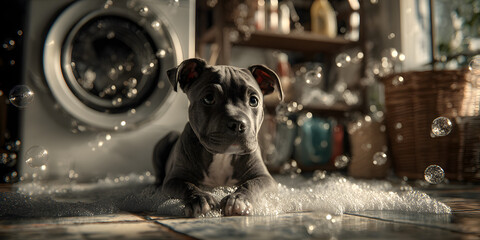 Puppy in Suds: A cute blue Staffordshire Bull Terrier puppy lies in a pile of suds, surrounded by bubbles near a washing machine, capturing a moment of playful innocence.