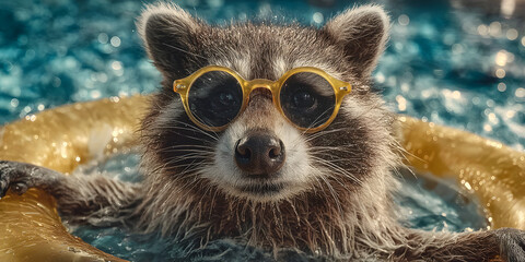 Raccoon's Poolside Bliss: An endearing raccoon, sporting stylish sunglasses, floats serenely in a swimming pool on a bright, sunny day, enveloped by the embrace of a yellow inflatable ring.