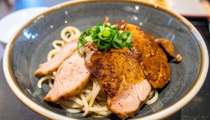 chilled soba with sliced grilled duck dipping sauce, japanese cuisine 