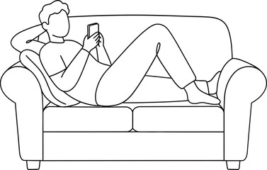 Man lying on sofa using smartphone for leisure and relaxation in casual home setting digital lifestyle 