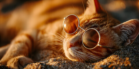 Cool Cat in Sunglasses: A relaxed ginger cat basks in golden sunlight, sporting stylish sunglasses while reclining comfortably, embodying a chill and stylish aesthetic.