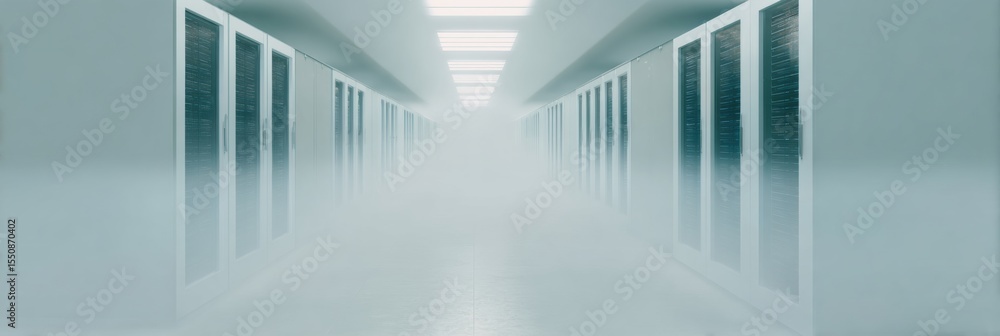 Poster futuristic server room cooling aisle with blue led lights highlighting modern data storage and conne