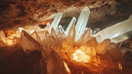 Massive quartz crystals in a cave, illuminated by warm light.