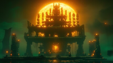 Massive, ruined temple complex bathed in an orange moon's light, sits in a misty, swampy landscape.