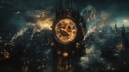 Massive steampunk clock tower over a night city with steam and clouds.